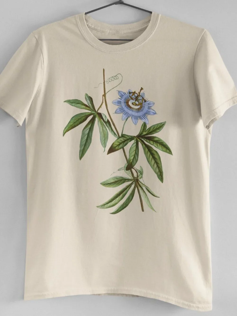 Blue Passionflower Vintage Floral Print Short Sleeve Graphic Tee T-shirt S-XXL
